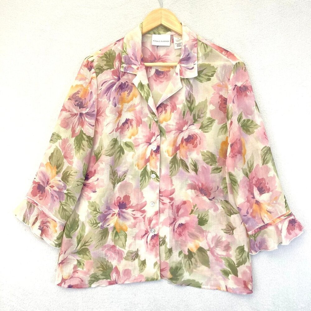 Alfred Dunner Sheer Floral Button Up Blouse Womens 10 Ruffle Sleeve Lightweight